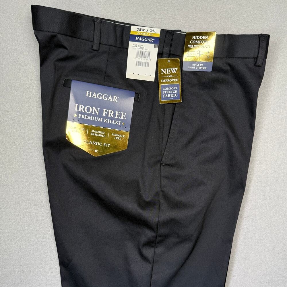 HAGGAR Men's Classic-Fit Solid Flat Front Dress Pants, black 38X31 $70